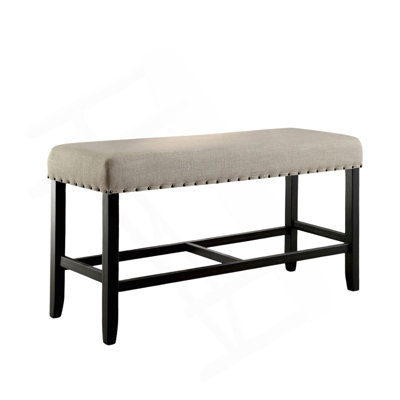 Rustic Charm Beige Linen Like Fabric 1Pc Counter Height Bench Dining Room Furniture Nailhead Trim Antique Black Bold Distressed Details Wood