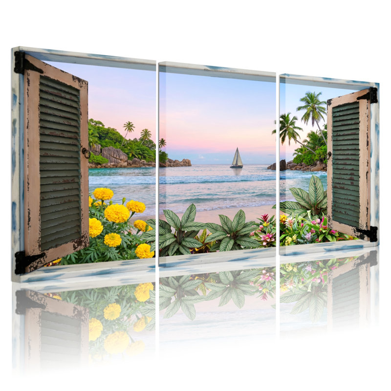 Paysage et nature, plage tropicale, vue à travers un volet de fenêtre, H 30 po x l 60 po