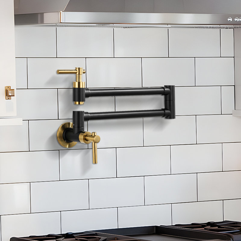 Brass Wall Mounted Two-Handle Pot Filler Kitchen Faucet with Double Joint Swing Arm, Oil Rubbed Bronze/Gold