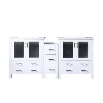 White Double Bath Vanity 72 In. Wide, 18.25 Deep, Side Cabinet Present, Ceramic Top, Solid Wood Frame, Soft - Close System, Two Cabinets And Seven Drawers For Ample Storage, Scratch Counter, Pre