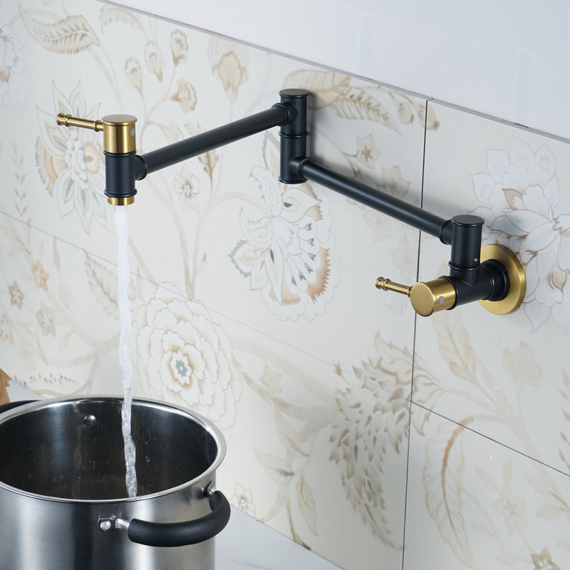 Wall Mount Swing Arm Folding Pot Filler Kitchen Faucet, Black/Gold
