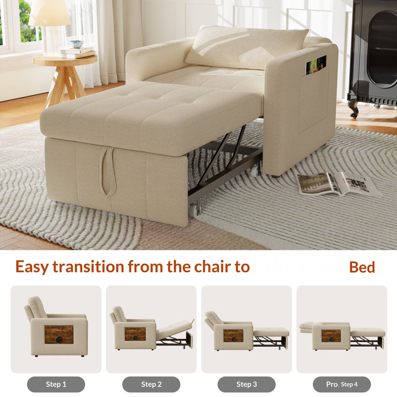 3-in-1 Convertible Sleeper Accent Chair Bed, Beige