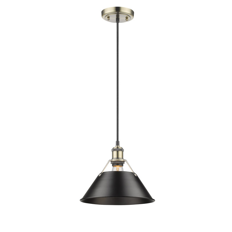 Luminaire suspendu conique à 1 lumière Weatherford, Noir, Laiton vieilli, H 130 po x l 10 po x P 10 po