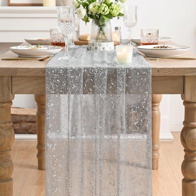 3PC Grey Gold Gauze Table Runner 120 Inch 10FT, Glitter Metallic Foil Sheer Dining Wedding Anniversary Holiday Birthday Table Decor for Home Party