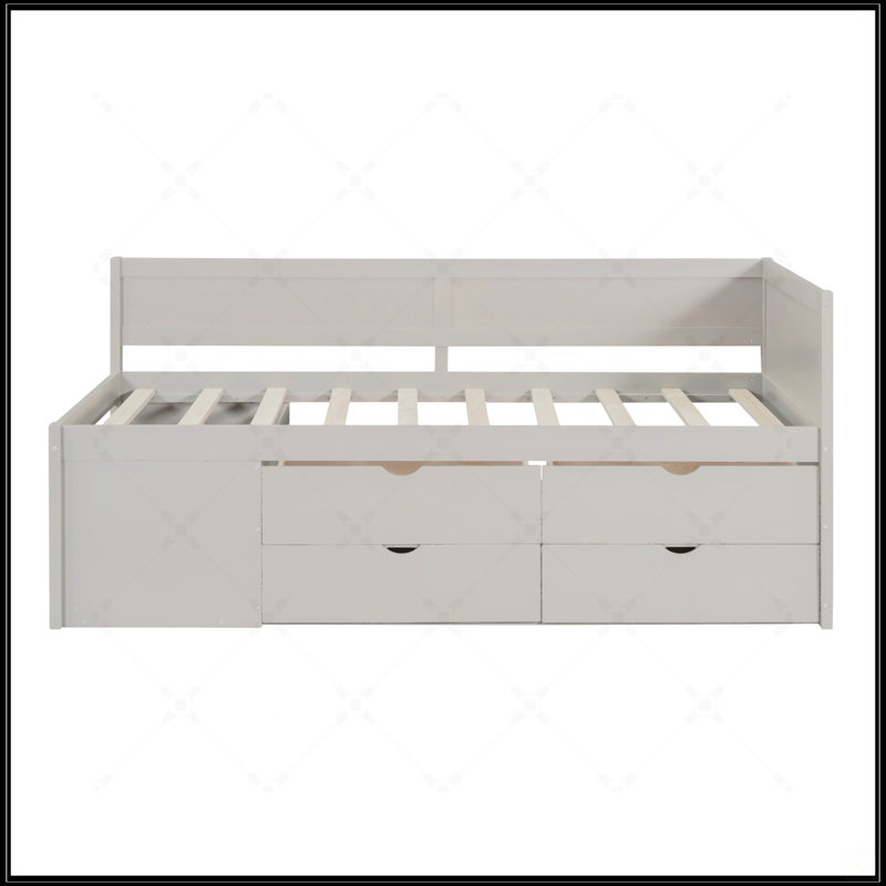 Lit de jour simple avec tiroirs et tablettes, gris, solution de rangement compacte et élégante pour les maisons modernes
