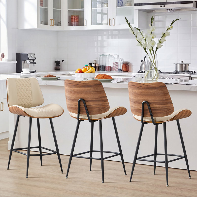 Tabouret de bar rembourré en similicuir avec dossier et repose-pieds ergonomiques, Beige