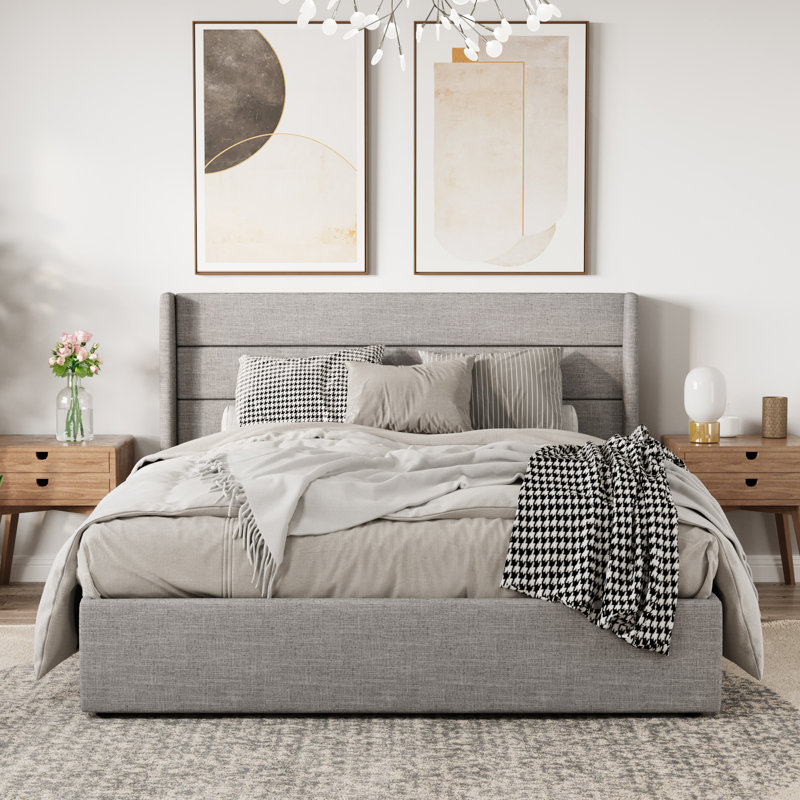 Braya Hydraulic Lift Up Storage Upholstered Platform Bed, Queen, Light Gray Linen