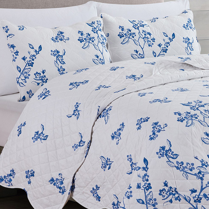 Blue Floral Twin Microfiber Reversible Quilt Set