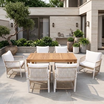 7-Piece Acacia Wood Patio Dining Set with 67-Inch Table and 6 Wicker Armchairs, Natural