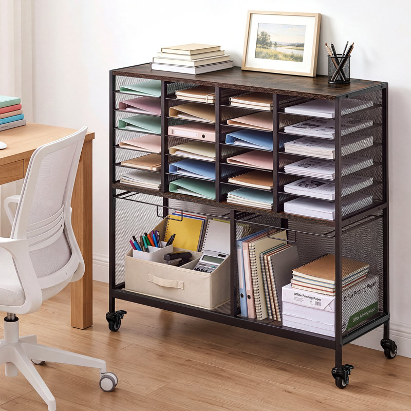 Rolling File Cart 24 Slot Mobile Filing Cabinet with Lockable Wheels, for Home Office Classroom, Large Storage Capacity, Hanging File Folder Mail Organizer, with 264.55 lbs / 120 kg Load, Black