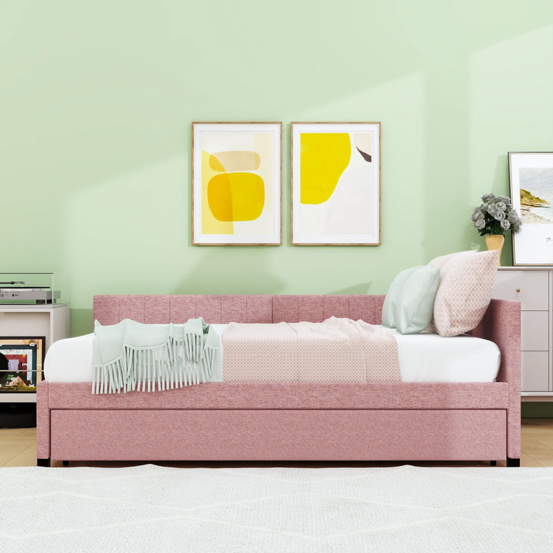 Linen Upholstered Daybed with Twin Trundle, Full/Double, Pink