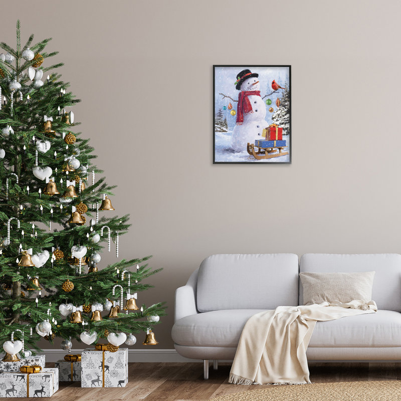 «Snowman With Gift Sled Single Frame Frame» par Jason Kirk sur toile, Giclée encadrée noir minuit, H 30 po x l 24 po