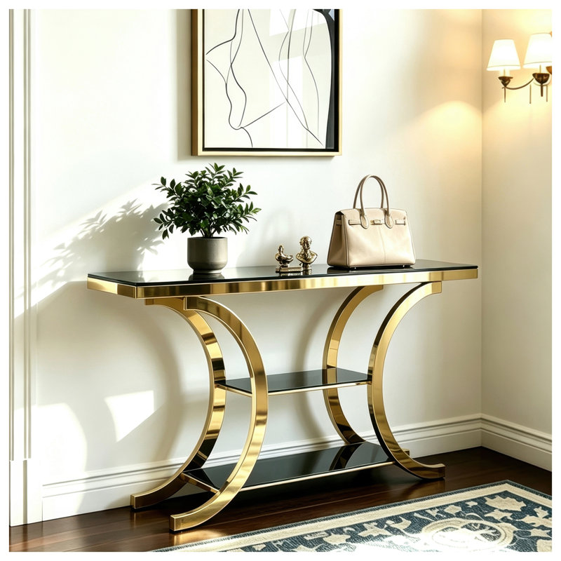 Console miroir de 160 cm avec cadre doré, meuble de rangement en verre à trois niveaux pour entrée, salon et couloir