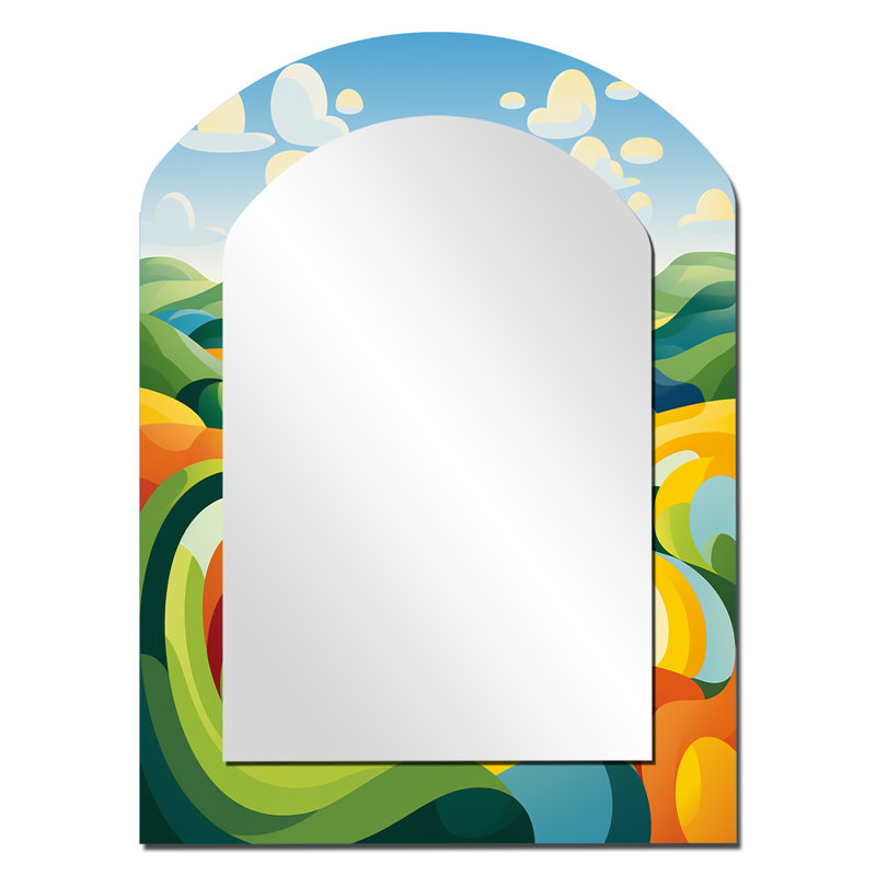 Modern Bold Farm Horizon I - Grand miroir mural arqué sur métal, 34 po x 25 po