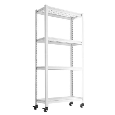 Étagères de rangement, étagère de garage à 4 niveaux avec roulettes, 76 x 30 x 160 cm, pour garage, sous-sol, entrepôt, cuisine, charge statique de 363 kg, structure métallique robuste, supports réglables, gants inclus, blanc