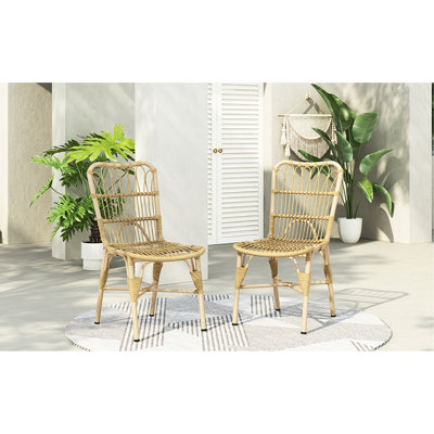 Chaise d'extérieur 2 pièces - construction en fer, conception tissée, capacité de charge de 400 lb, assemblée, facile à nettoyer pour la structure des chaises de salle à manger près de la piscine et dans la cour, tissage naturel, patio de jardin entièrement entretenu
