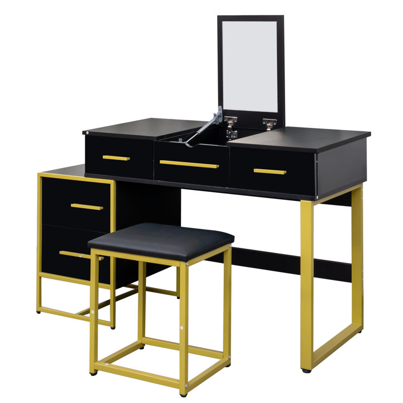 Black Dresser Table Desk with Mirror Makeup Vanities with 4 Drawers 29.53"H x 17.72"D x 39.37"W, Black