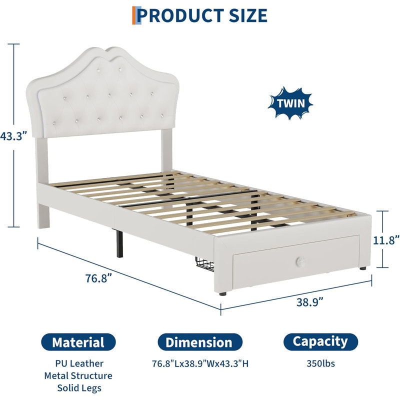Bed Frame with LED Lights, Upholstered Platform Bed with Storage Drawer, Crystal Tufted Headboard for Kids, Teens, Noise-Free Slats & Easy Assembly