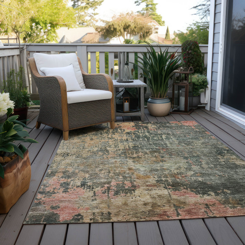 5' x 7' Red and Green Abstract Washable Synthetic Rug