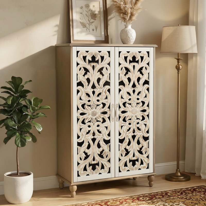 47.6" H Tall Cabinet Sideboard with Distressed Ornate Carved Doors for Dining Room & Entryway