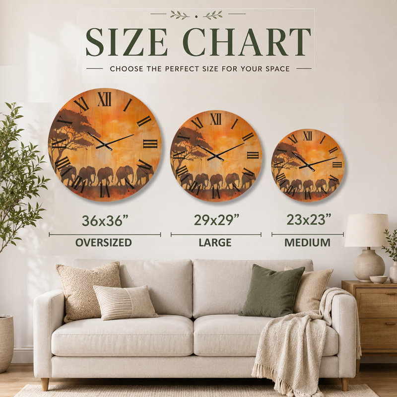 Très grande horloge murale en bois sauvage - Marche d'éléphants au coucher du soleil, Medium