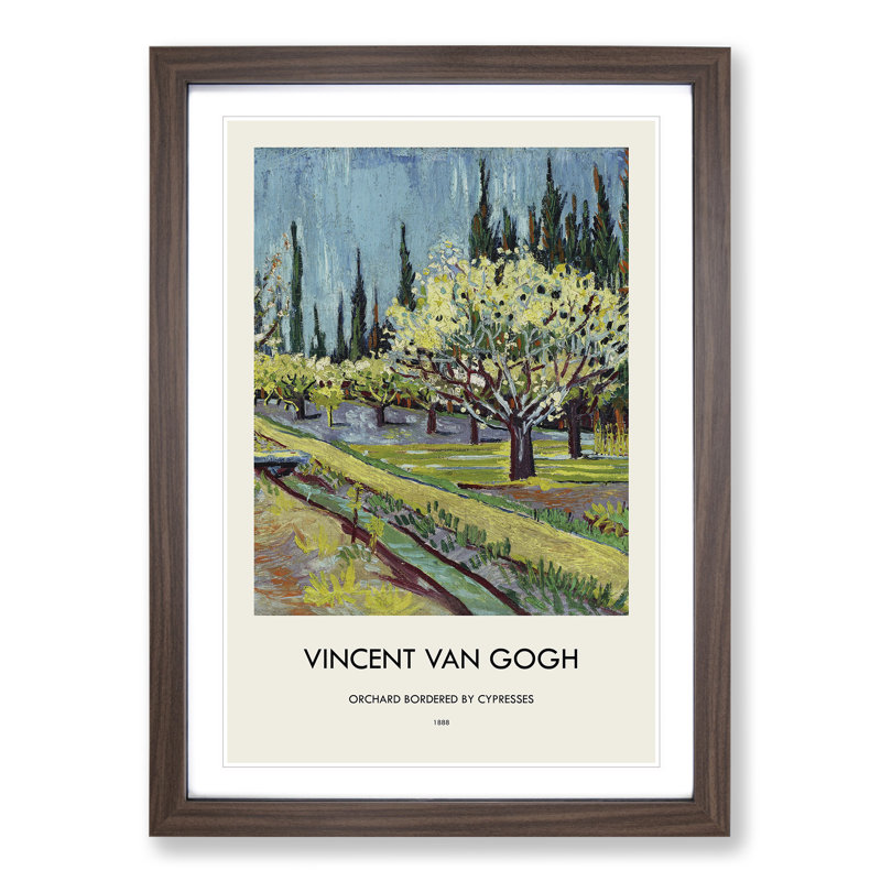 Orchard Bordered by Cypresses by Vincent Van Gogh - Picture Frame Painting, 36cm H x 27cm W x 2cm D, Walnut