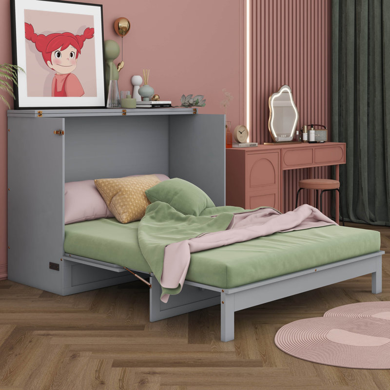 Murphy Bed With Large Drawers, Gray, Full