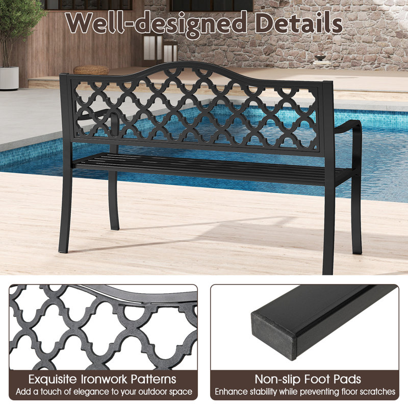 128Cm Patio Bench Slatted Metal Garden Bench For 2-3 People Black
