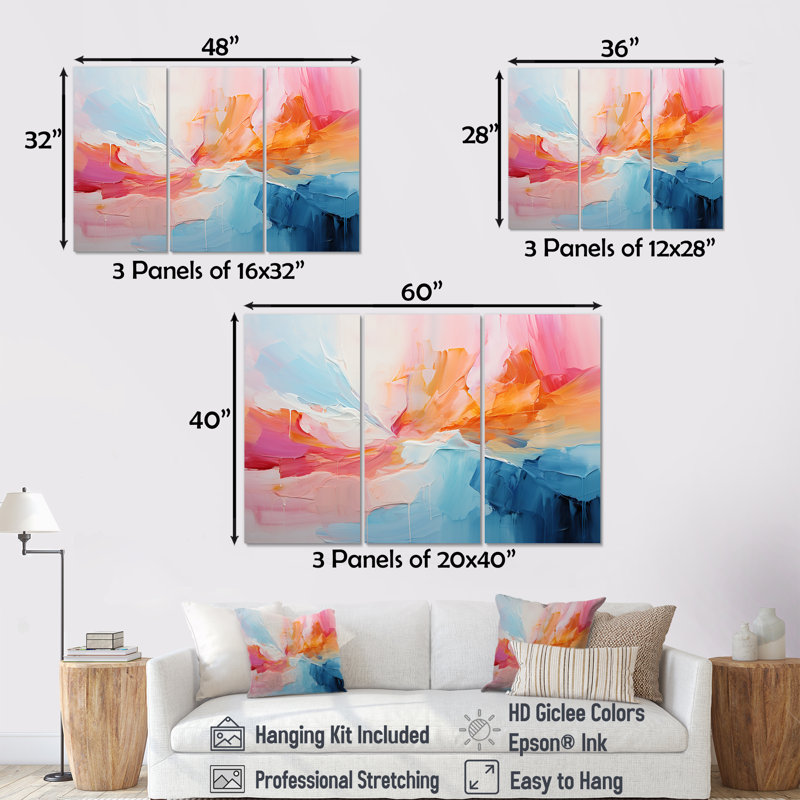«Pink Bliss Sunset Celebration», ensemble de décorations murales abstraites, Toile tendue, H 32 po x l 48 po x P 1 po