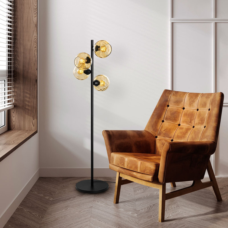 Lampe sur pied industrielle, structure en métal noir, 14,2 po x 14,2 po x 53,1 po | 4 x douilles E27 (40 W maximum), design élégant, capuchon en verre | Parfait pour le salon, la chambre à coucher et le bureau | Base robuste de 11,8 po de diamètre, éclairage élégant et fonctionnel