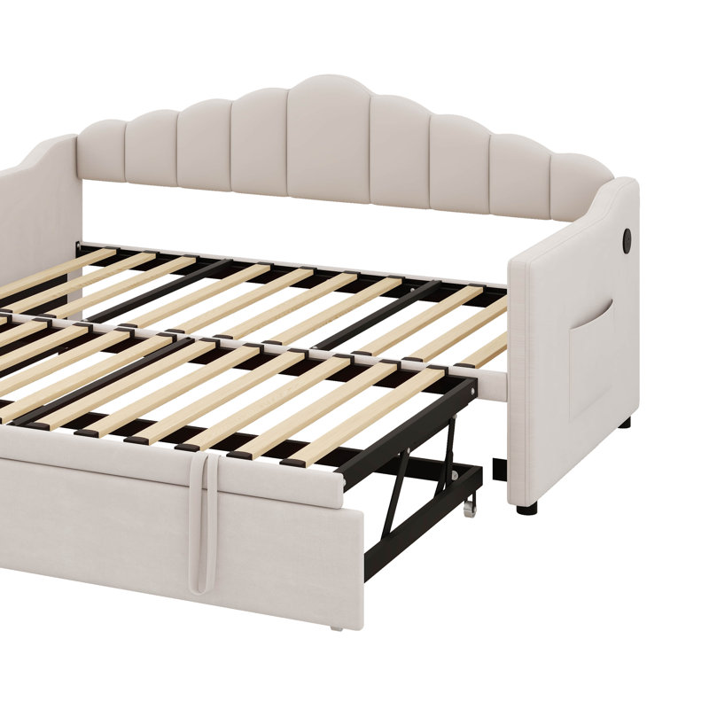 Upholstered Twin Daybed with Height-Adjustable Pop-Up Trundle, USB & Type-C Ports, Beige