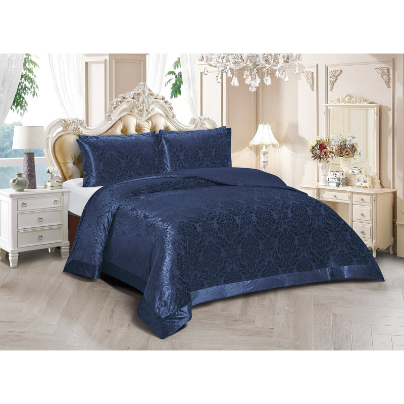Velvet Damask Bedspread with Pillow Shams, Blue, Super King Bedspread + 2 Standard Shams