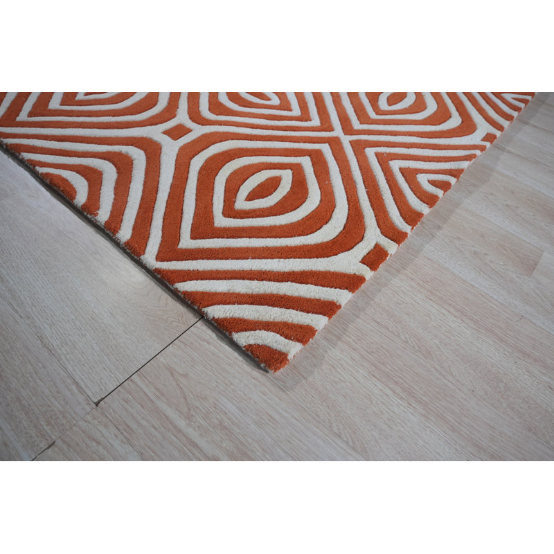 Ivory and Orange Geometric Hand-Tufted Wool Rug