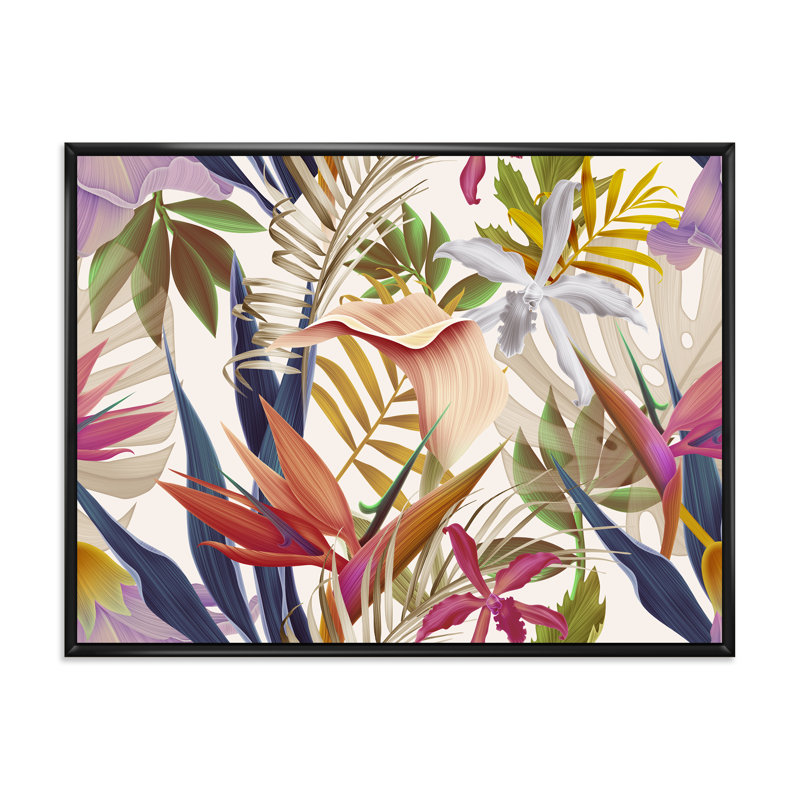 Fleurs tropicales rétro III - Impression sur toile, Cadre flottant noir, H 12 po x l 20 po x p 1 po