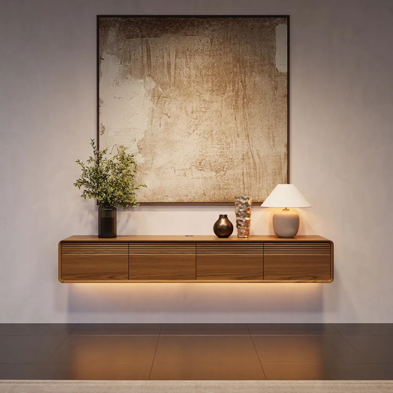 FLOAT -  Mid-Century Floating TV Stand With Adjustable LED Lights, 9.84"H x 70.87"L x 14.75"W, Brown Wood