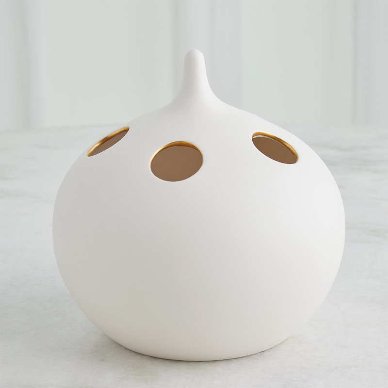 Oh No Handmade Earthenware Table Vase, Matte White/Gold, 10" H x 10" W x 10" D