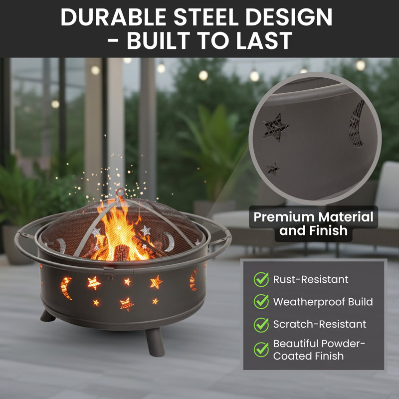 Fire Pit - 32-Inch Outdoor Wood Burning Firepit with Screen, Poker, and Cover - Outdoor Fire Pits for Backyard, Deck, or Patio by Pure Garden (Black)