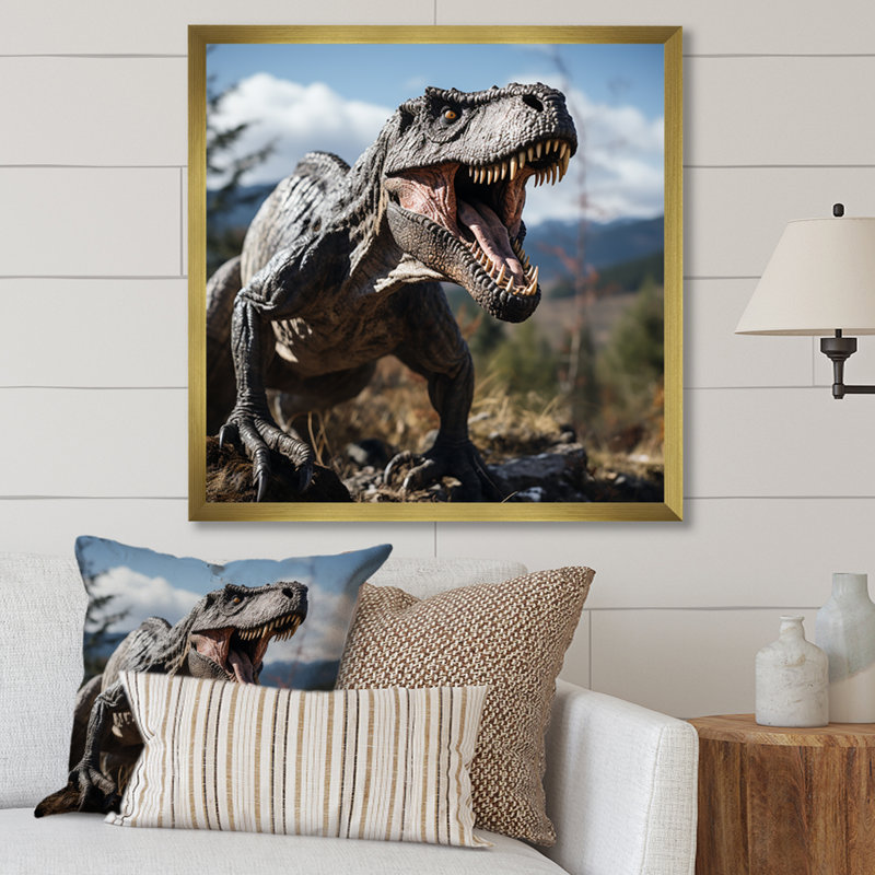 Gris et vert, dinosaure, appel II - art de mur de dinosaure, H 30 po x l 30 po x P 1,5 po, Encadrement doré