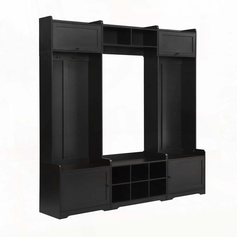 79.1"Wide Modern Hall Tree with Shoe Storage, 8 Cubbies, 7 Coat Hooks & Adjustable Shelf