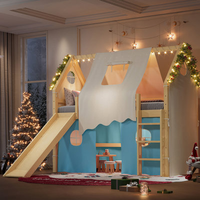Twin Size House Loft Bed With Sills, Tents, And Slide, Solid Wood Construction, Lights, And No Box Spring Needed, Natural+Blue