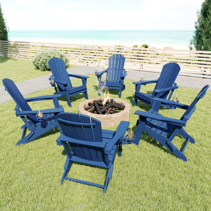 HDPE Folding Adirondack Chair with Cup Holder,Navy Blue, Navy Blue