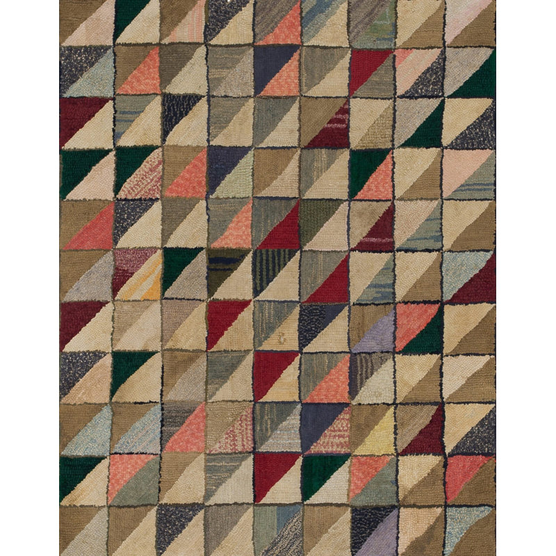 Small Size Geometric Folk Art Pattern Antique American Hooked Area Rug