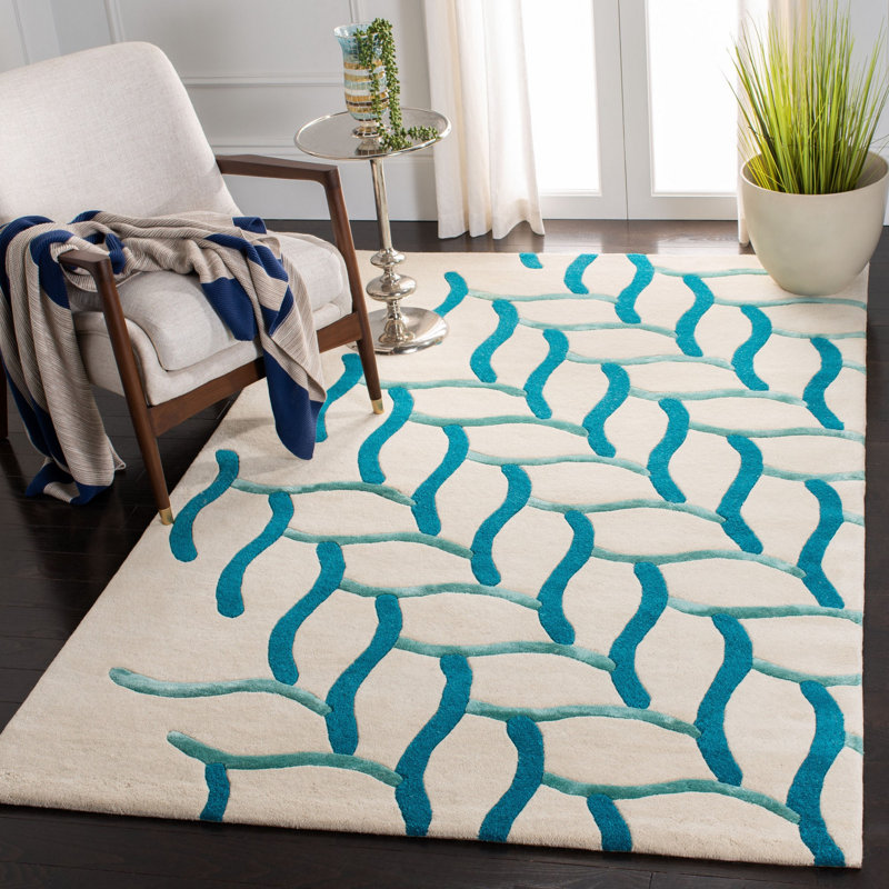 Tapis beige / bleu en laine touffeté à la main Nonia, Rectangle 6 pi x 9 pi