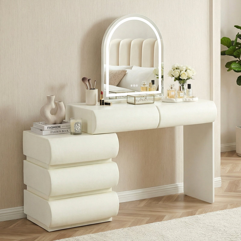 Makeup Vanity Set with 3-Color LED Lighted Mirror, 2-in-1 Vanity & Nightstand with 5 Deep Storage Drawers, Modern Leather Upholstered Dressing Table for Bedroom