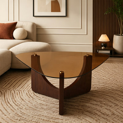 Vintage-Style Triangular Coffee Table with A Tea-Colored Tempered Glass Top
