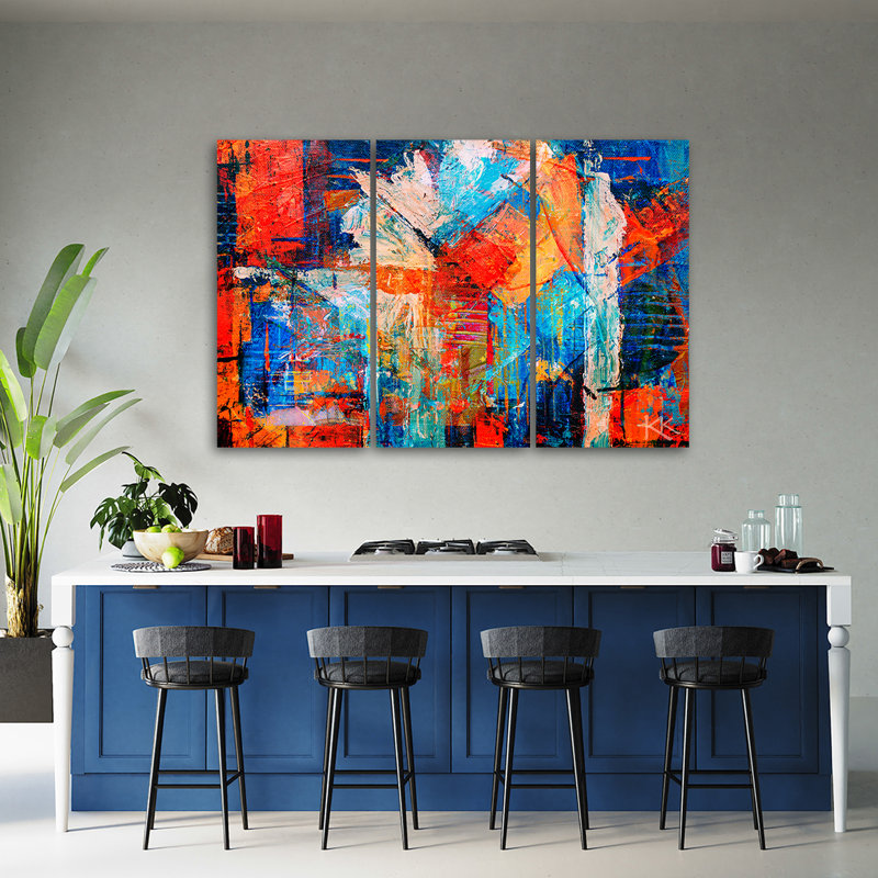 Colourful, Hand -Painted Abstract 3D Image - 3 Piece No Frame Print on Canvas, 60cm H x 90cm W