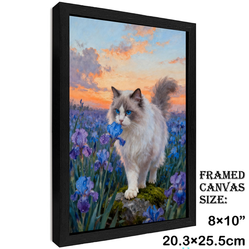 Art mural rétro noir marionnette avec chat et champ d'iris, impressions de style rétro, H 11 po x l 9 po
