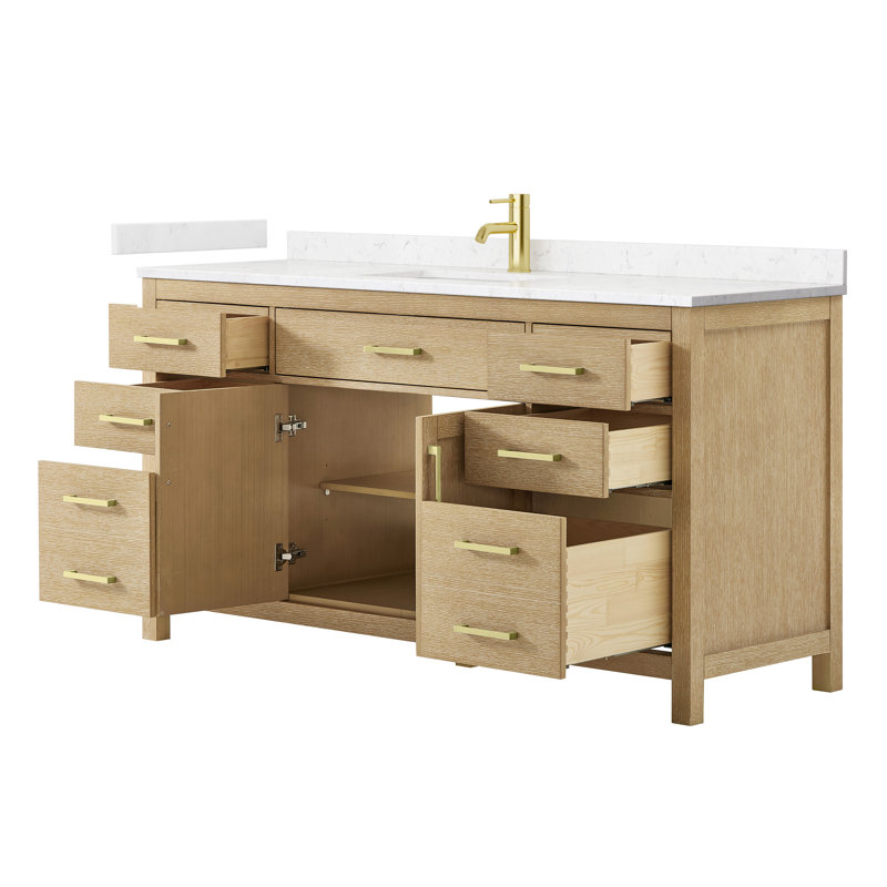 Beckett 66" Freestanding Single Bathroom Vanity with Cultured Marble Top, Whitewashed Oak, Brushed Gold