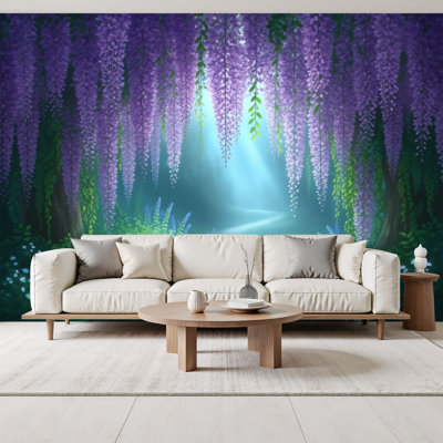 Cottagecore Peel and Stick Wallpaper Purple Wisteria Forest Path Sunlight Rays Wall Murals 69"H x 96"W Removable PVC Wall Paper Self-Adhesive Wall Paintings Art Decor for Bedroom Living Room
