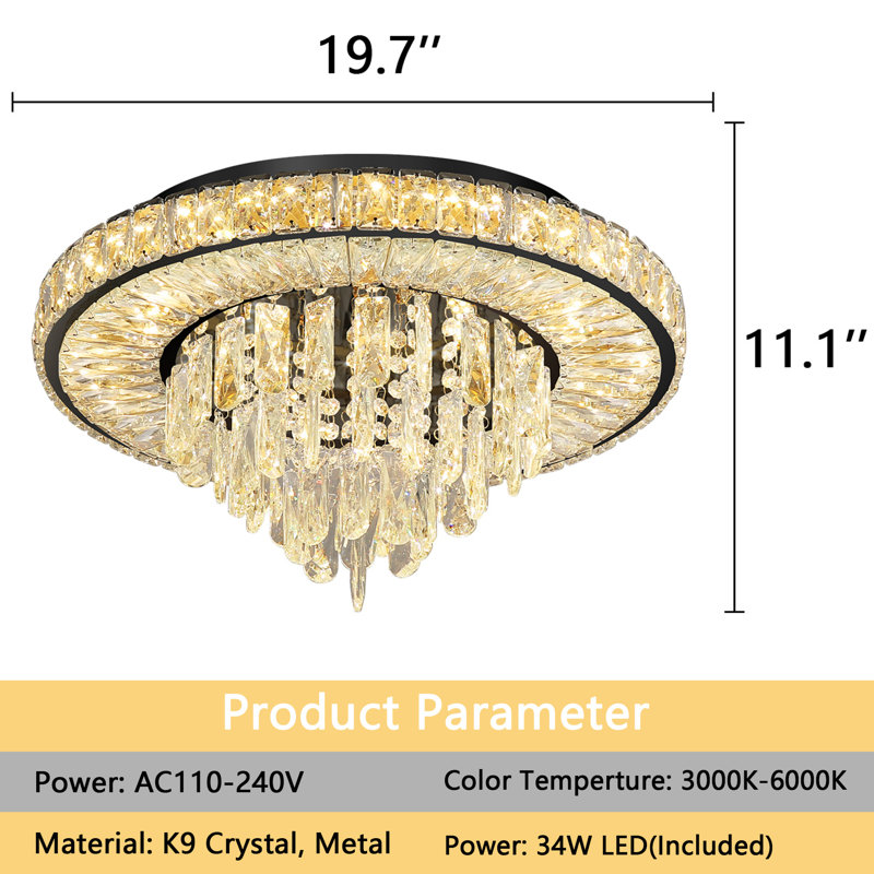 Crystal Bedroom Chandelier Dimmable, Matte Black